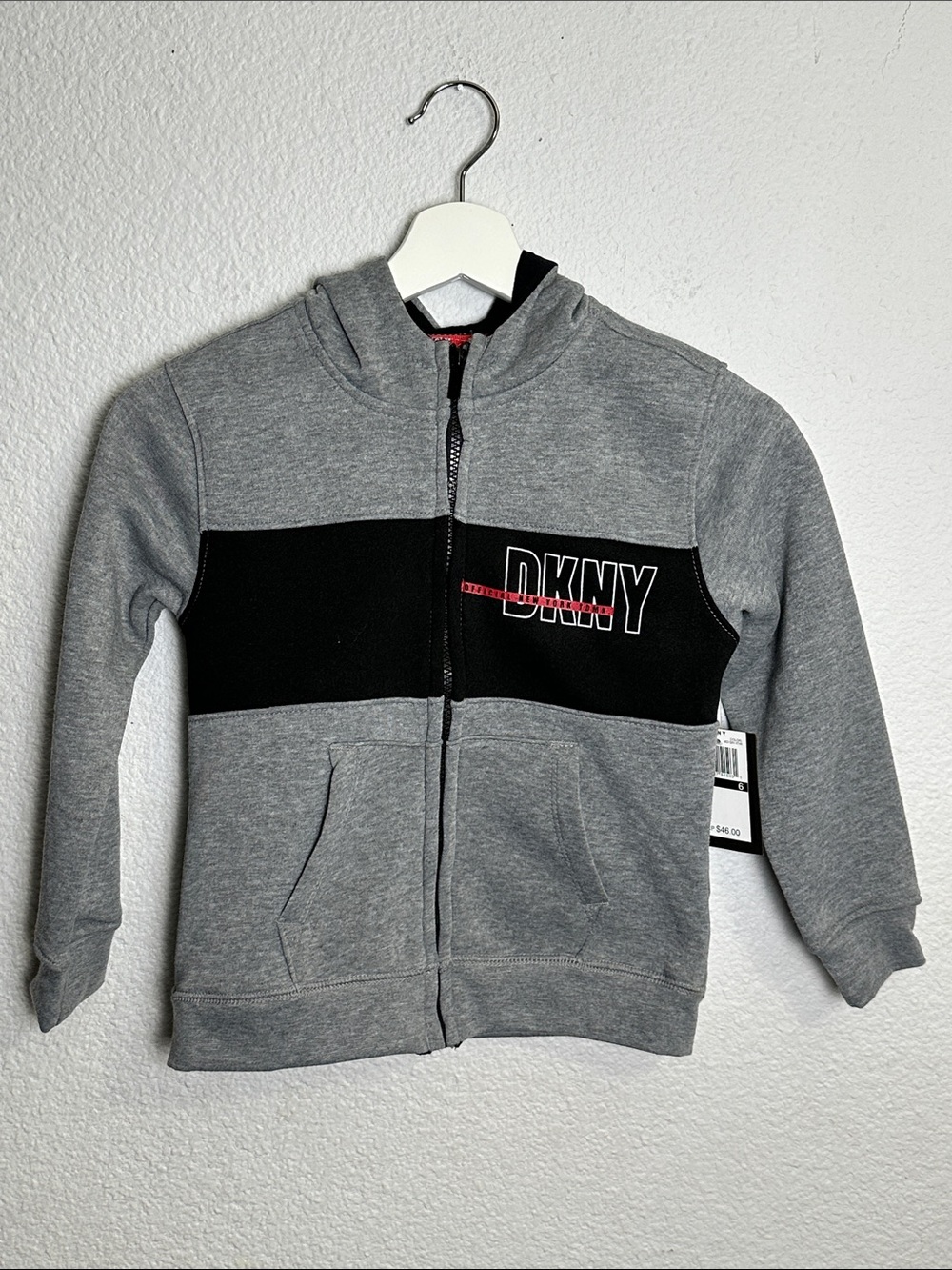 NEW DKNY Full Zip Hooded Jacket Sweater‎ Gray Black Youth Boys Size 6